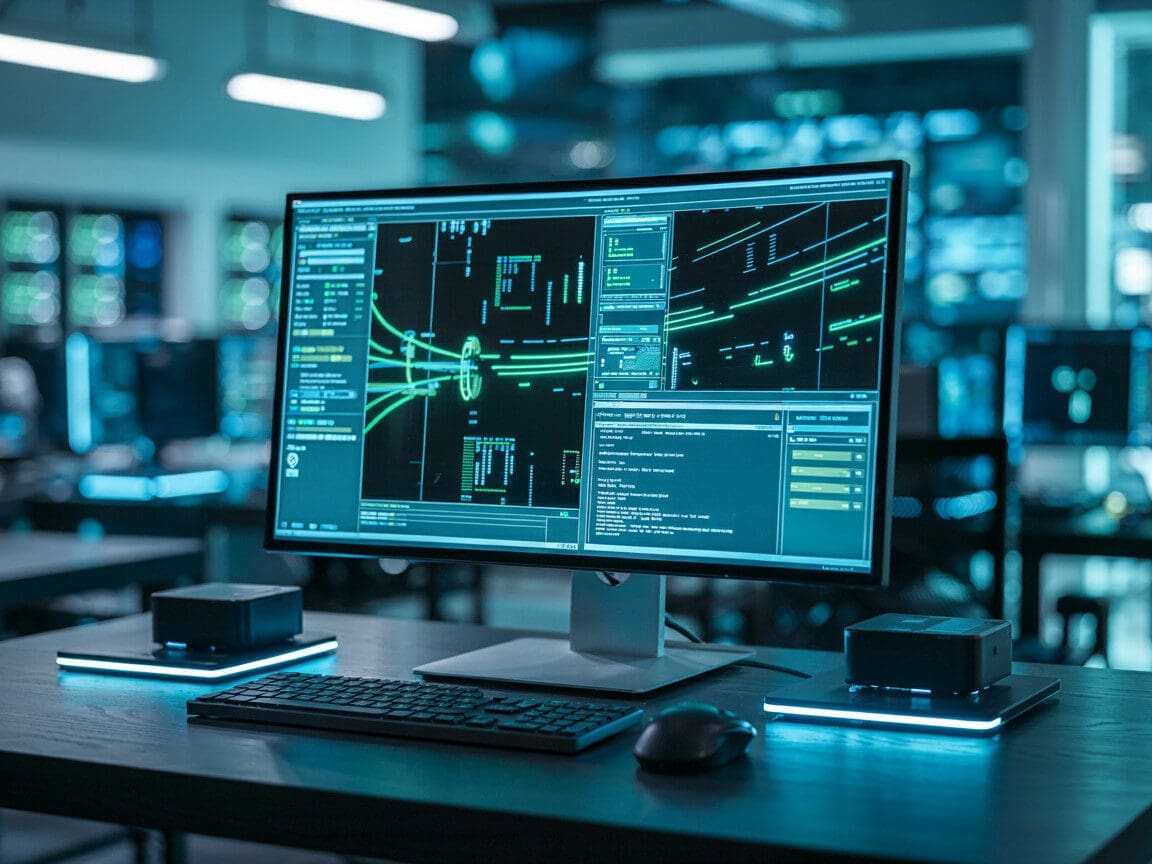 Computer displaying cybersecurity software in office setting