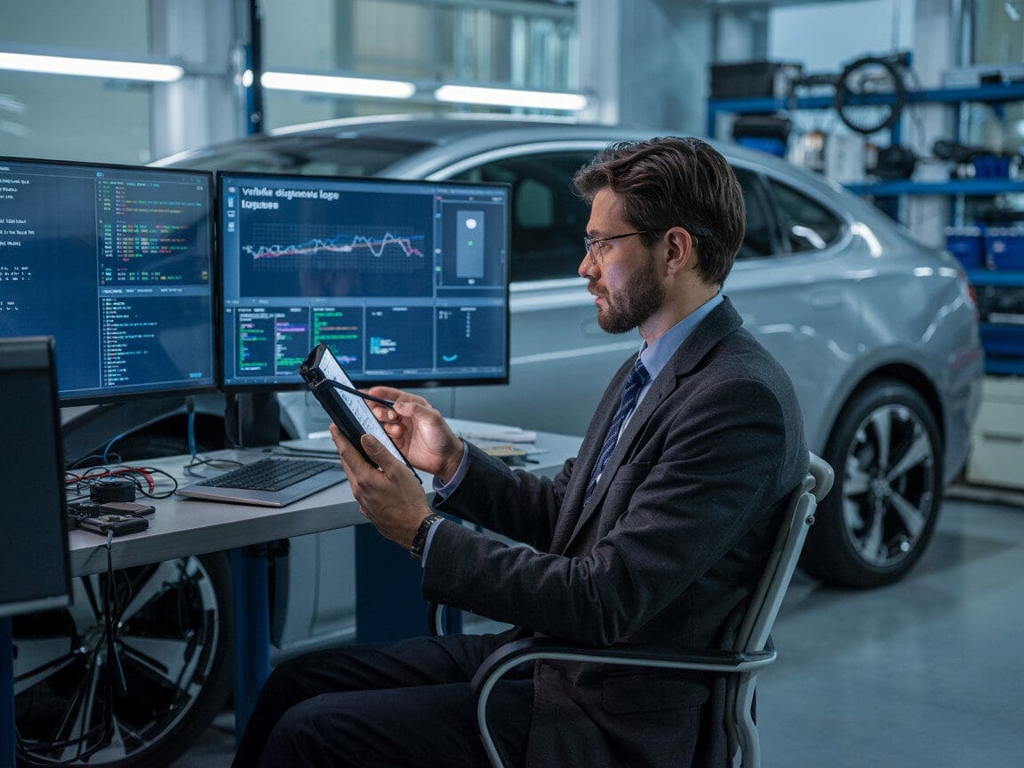 Engineer analyzing vehicle diagnostics on computer screens.