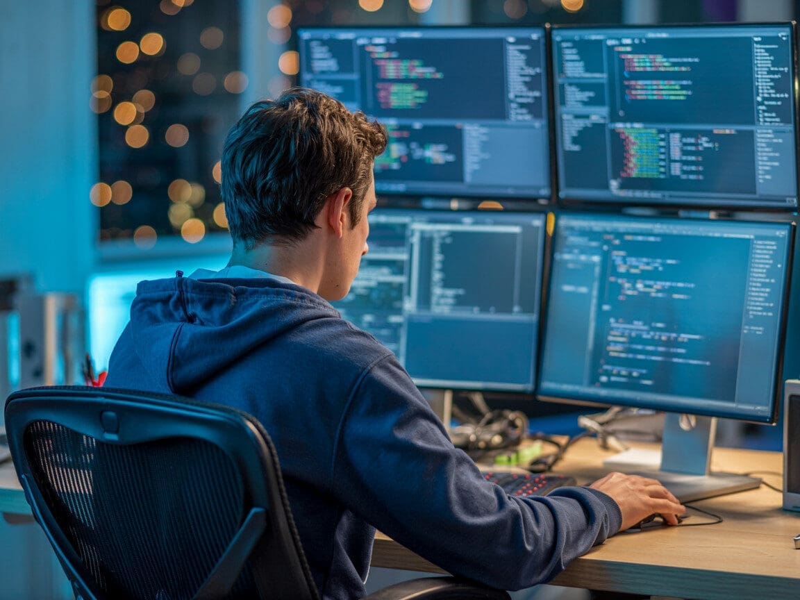 Programmer coding on multiple monitors in office.