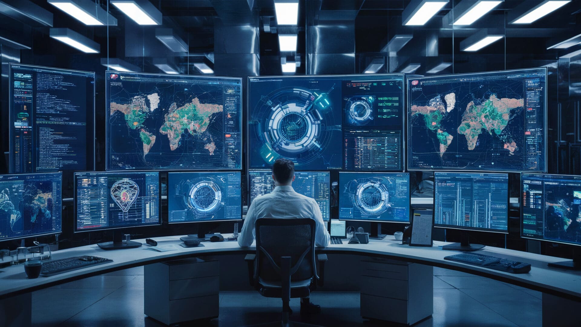 Person monitoring multiple computer screens in control room.