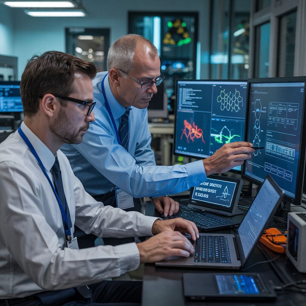 Scientists analyzing data on multiple computer screens.