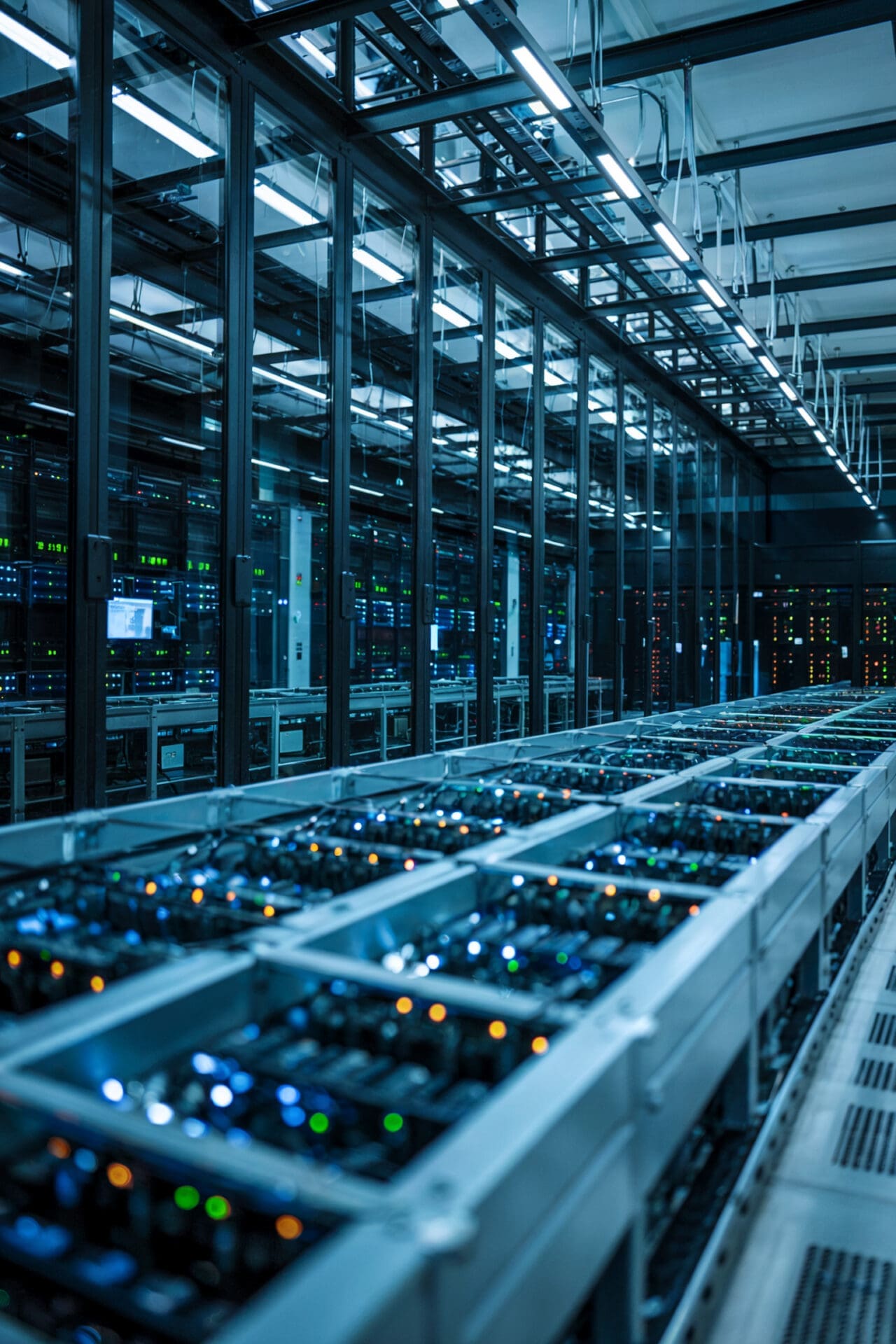 Modern data center with server racks and cables.