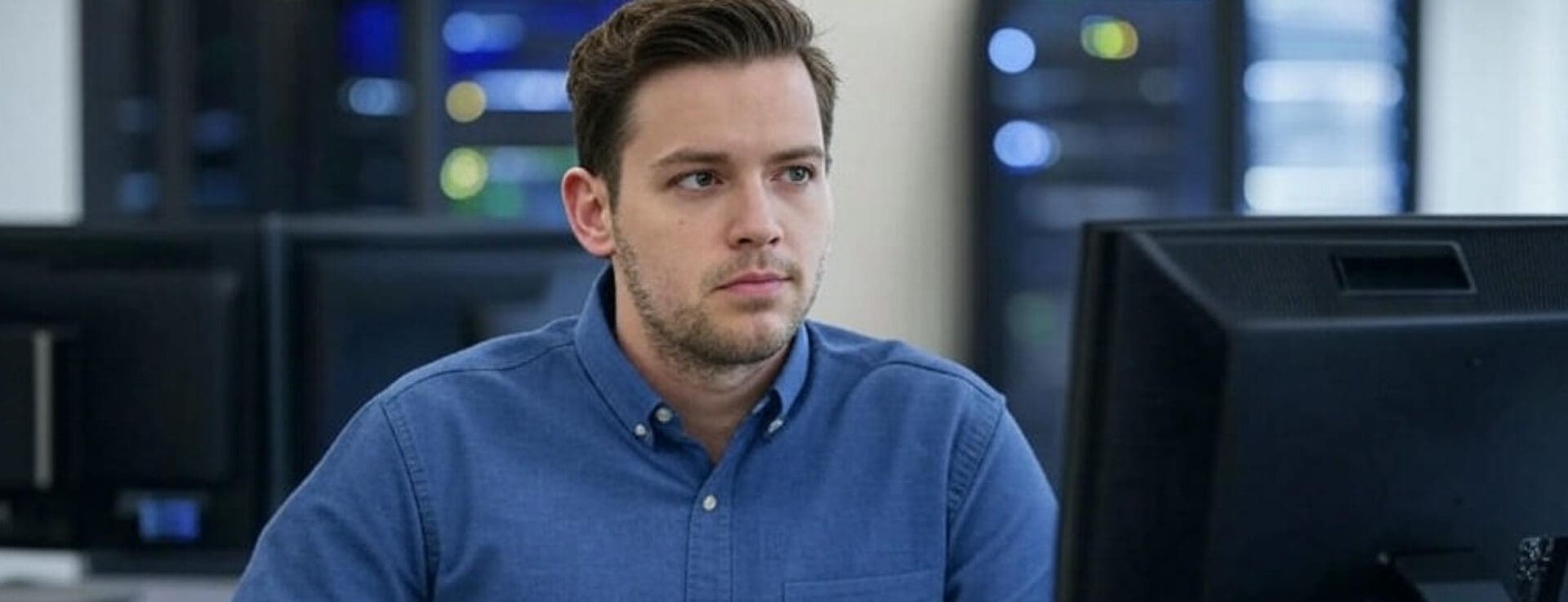 Man in blue shirt at computer.