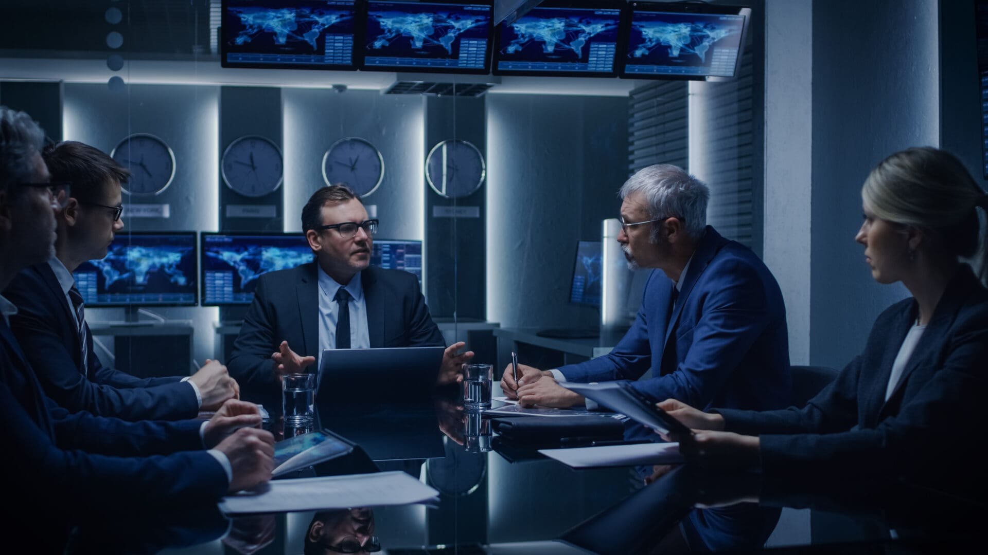 Business meeting with laptops and screens