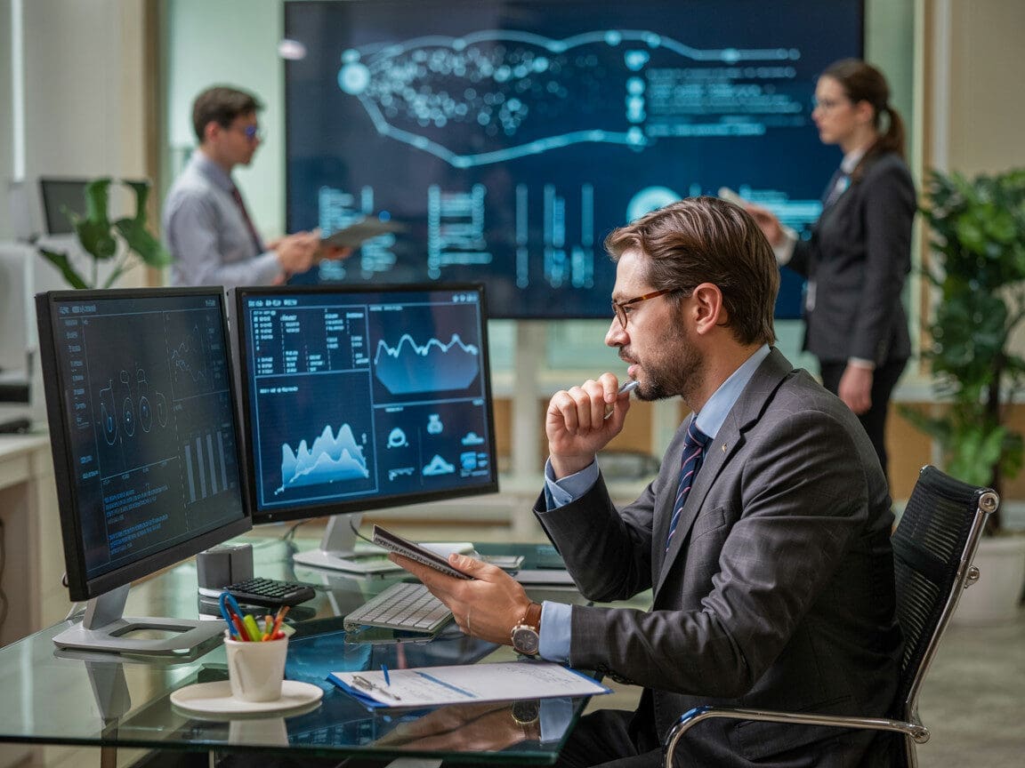 Professionals analyzing data on computer screens.