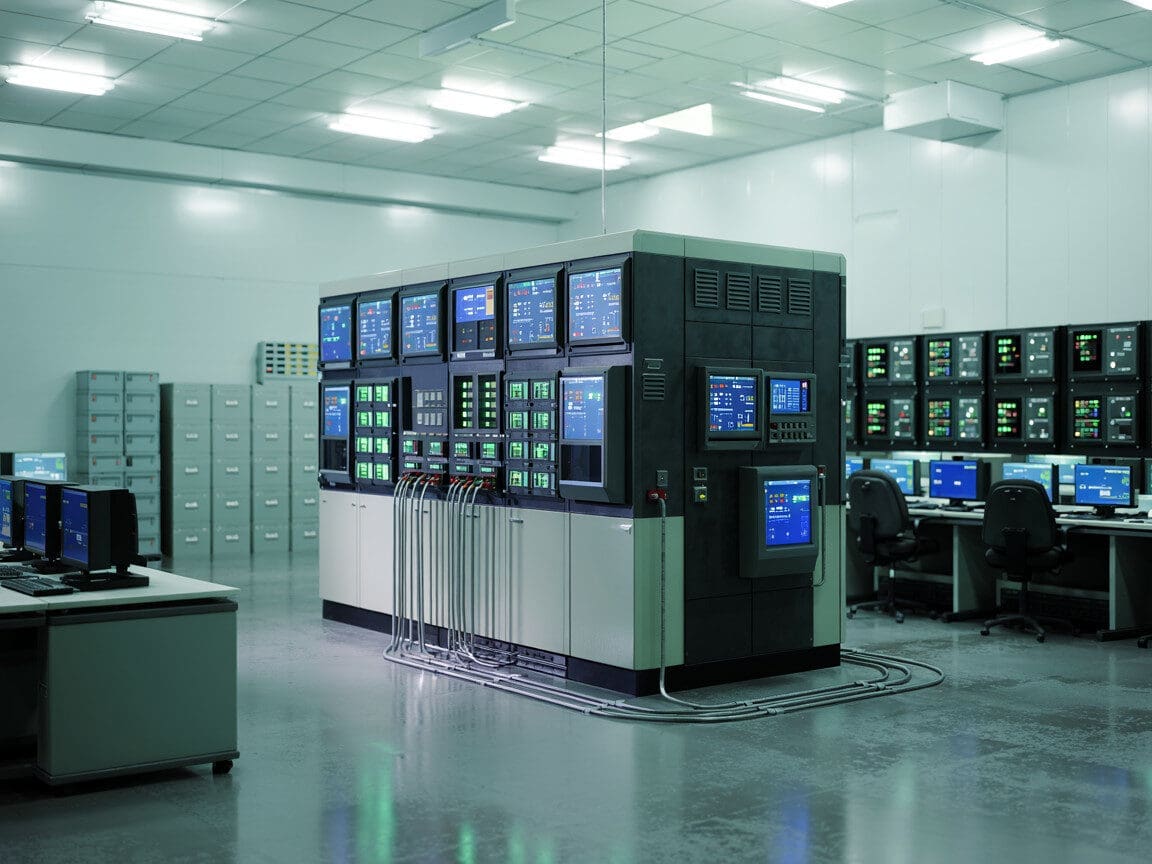 Modern computer server room with control monitors