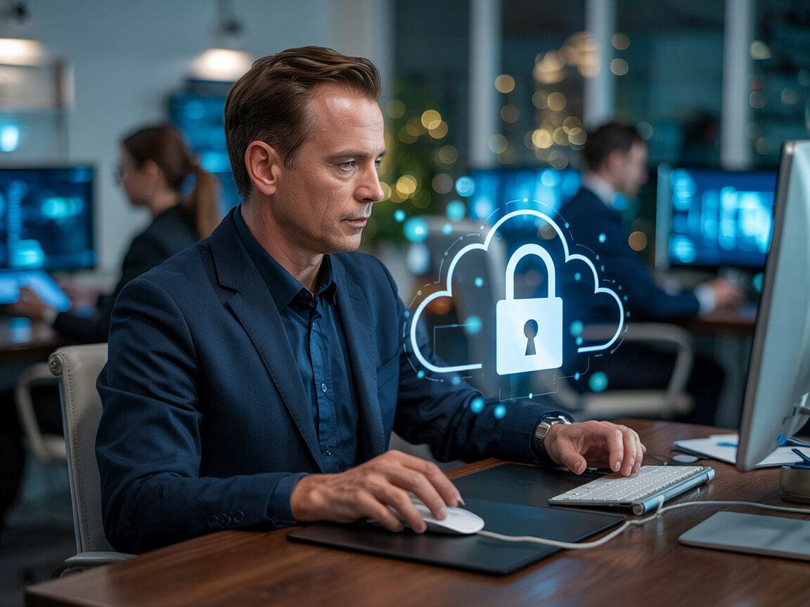 Man at computer with cloud lock icon