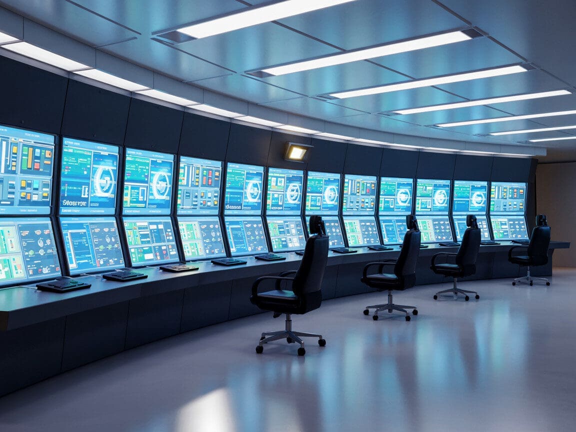 Futuristic control room with multiple computer screens.