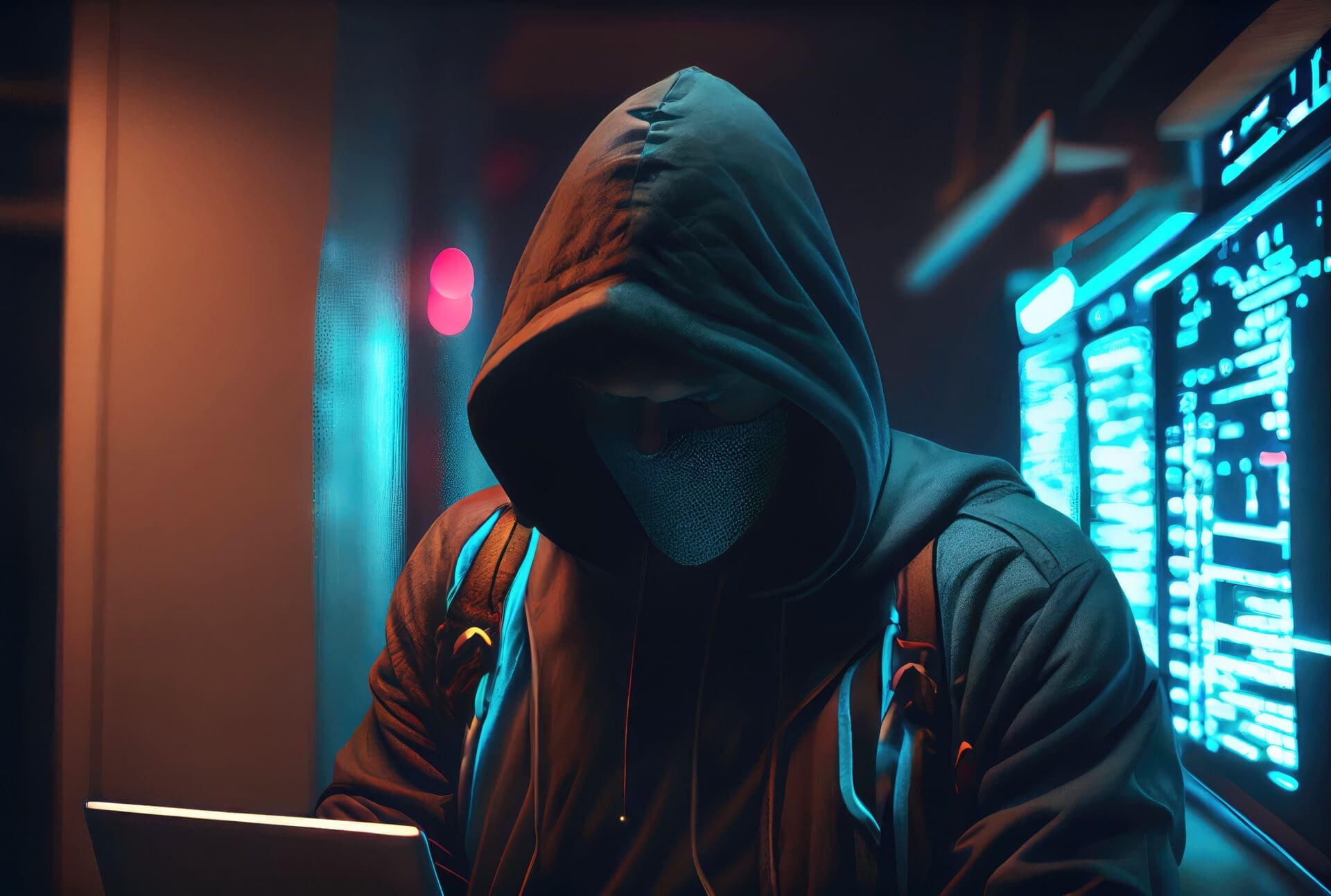Hooded figure using laptop, dark room, neon lights.