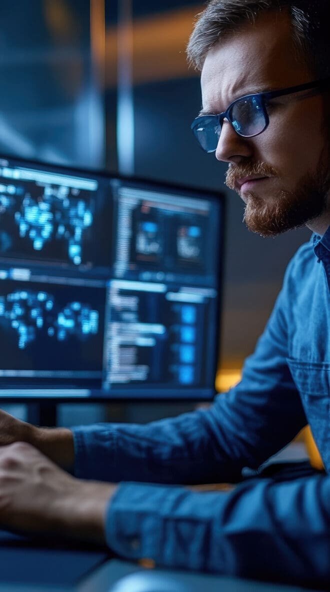 Man working on computer with data on screen.