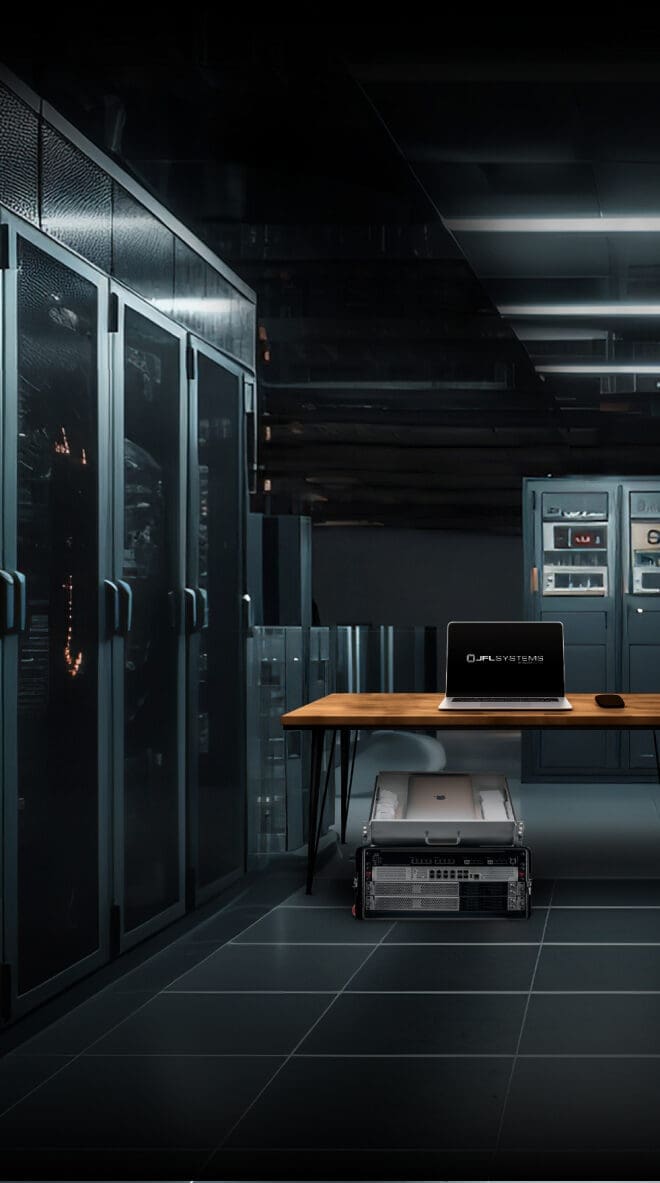 Modern data center with server racks and laptop.