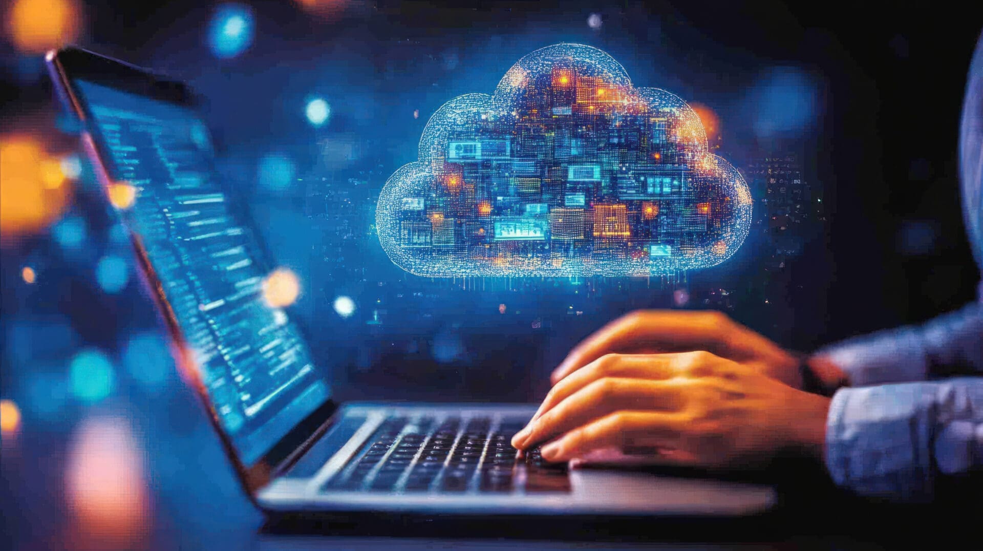 Hands typing on laptop with digital cloud.