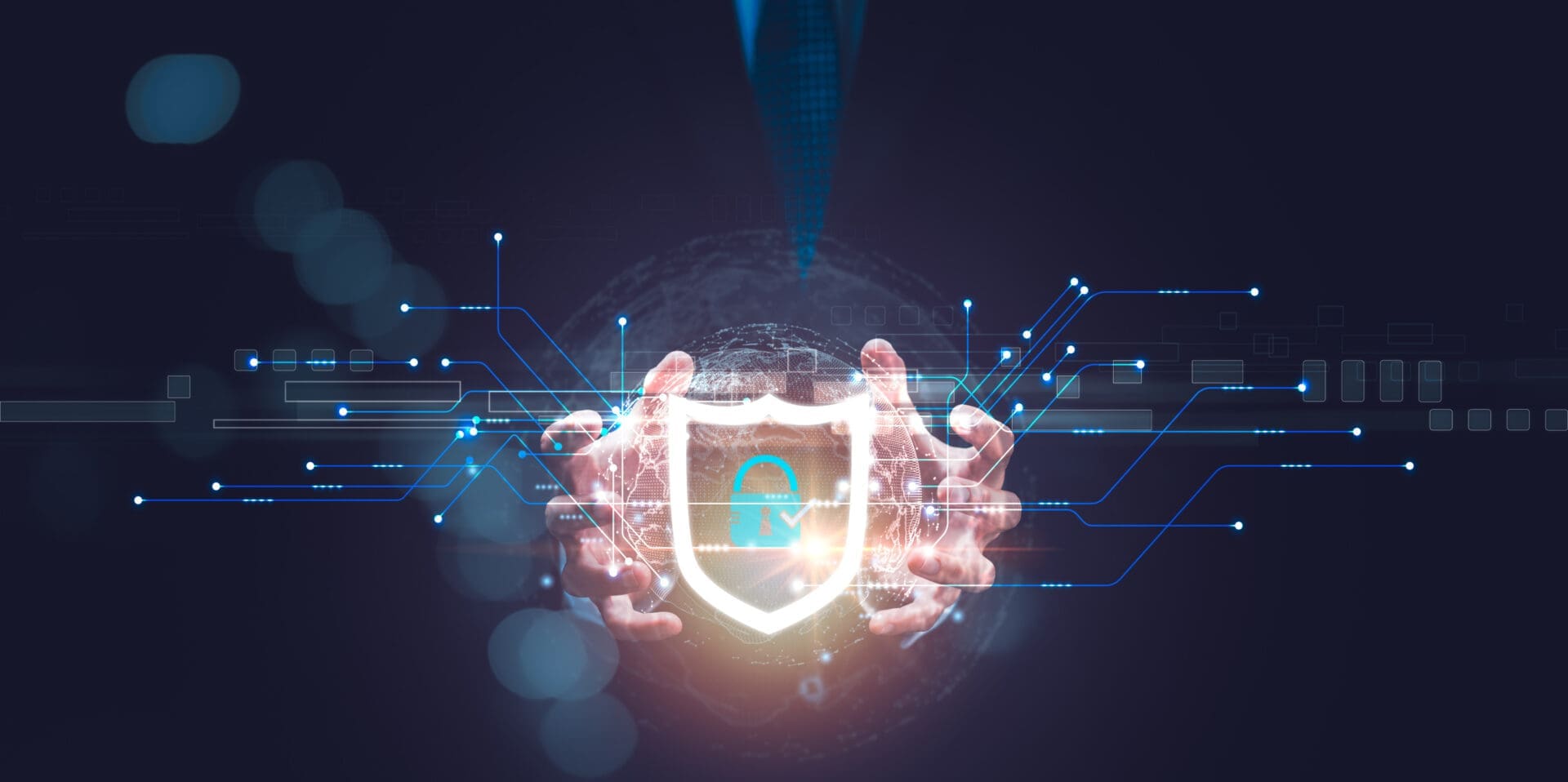 Digital shield with padlock symbolizing cybersecurity.